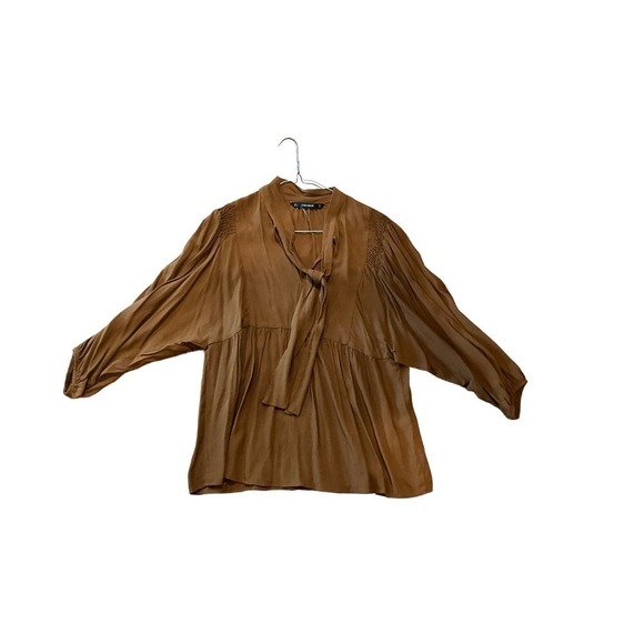 Zara Basics Blouse Top Women's Size L Brown Long Sleeve Knotted Neck Pullover - Picture 4 of 6